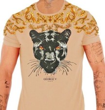 Avenue George V Paris T-Shirt Black Panther Rhinestone Men's Beige Shirt