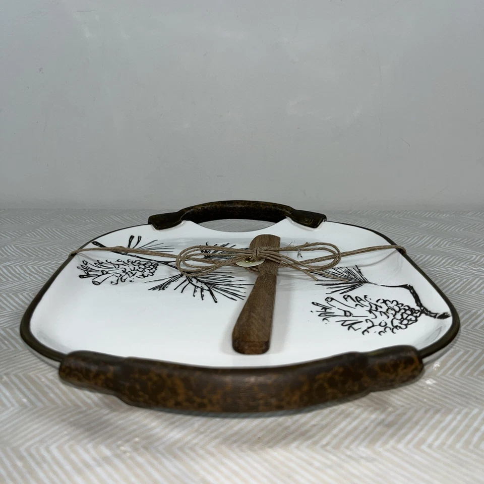 Mud Pie Pinecone Ceramic Rustic Hostess Serving/Cheese Tray White & Brown 10x8” - Image 3 of 4