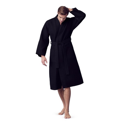 Bata de baño Lotus de lino para hombre con patrón cuadrado de gofres ropa de spa con 2 bolsillos delanteros - Imagen 16 de 95