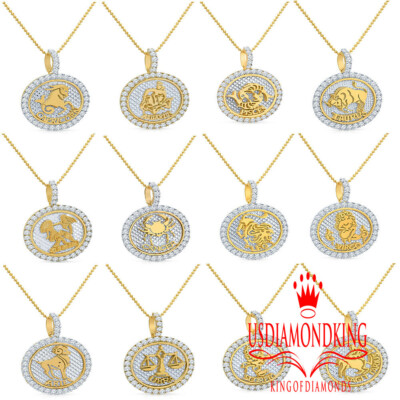 Real Silver VVS1/D 6.25 Ctw. 14k Gold Bonded Zodiac Sign Pendant Charm Chain Set