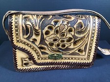Vintage Shoulder Handbag Tooled Leather Purse Whip Stitched Southwestern Cowgirl
