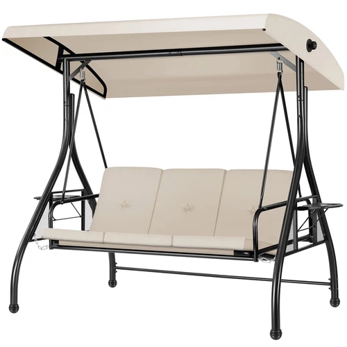 3-Seat Outdoor Converting Swing Chair w/ Canopy Outdoor Porch Swing Chair &Stand