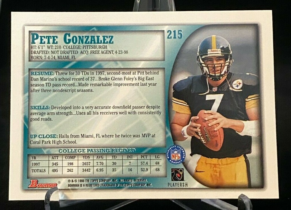 1998 Topps Bowman Rookie Card #215 Pete Gonzalez Pittsburgh