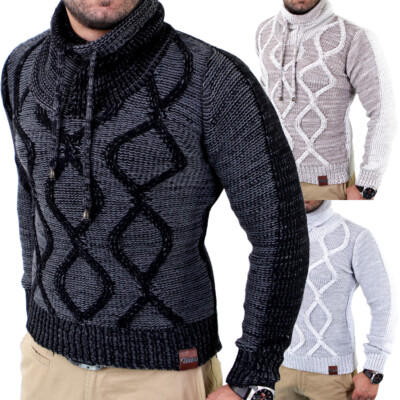 Herren Pulli Strickpullover Grobstrick Huge Collar Winter Pullover