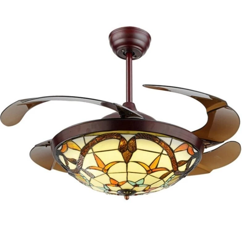 42" Tiffany Ceiling Fan Light, Remote Classic LED Chandelier Retractable Blades - Image 3 of 4