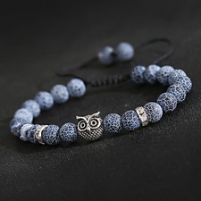2Pcs Owl Beads Bracelet 8mm Weathered Blue Stone Braided Rope Yoga Bangle Gift