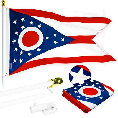 NEW G128 Ohio Flag & Flagpole, 5FT White Pole and 2.5x4FT Embroidered Flag