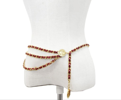 CHANEL Vintage Gold Chain Red Leather Belt NEW CONDITION CHANEL Vintage Red Leather Gold Chain Link CC Logo Belt For  main image 4