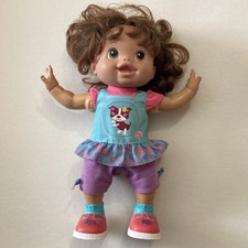 Brown Curly Hair Girl Baby Doll with Blue Dress, Pink Shoes, Medium Complexion