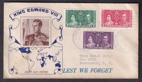 Canada Newfoundland KGVI 1937 Coronation illus. FDC but KEVIII illustration