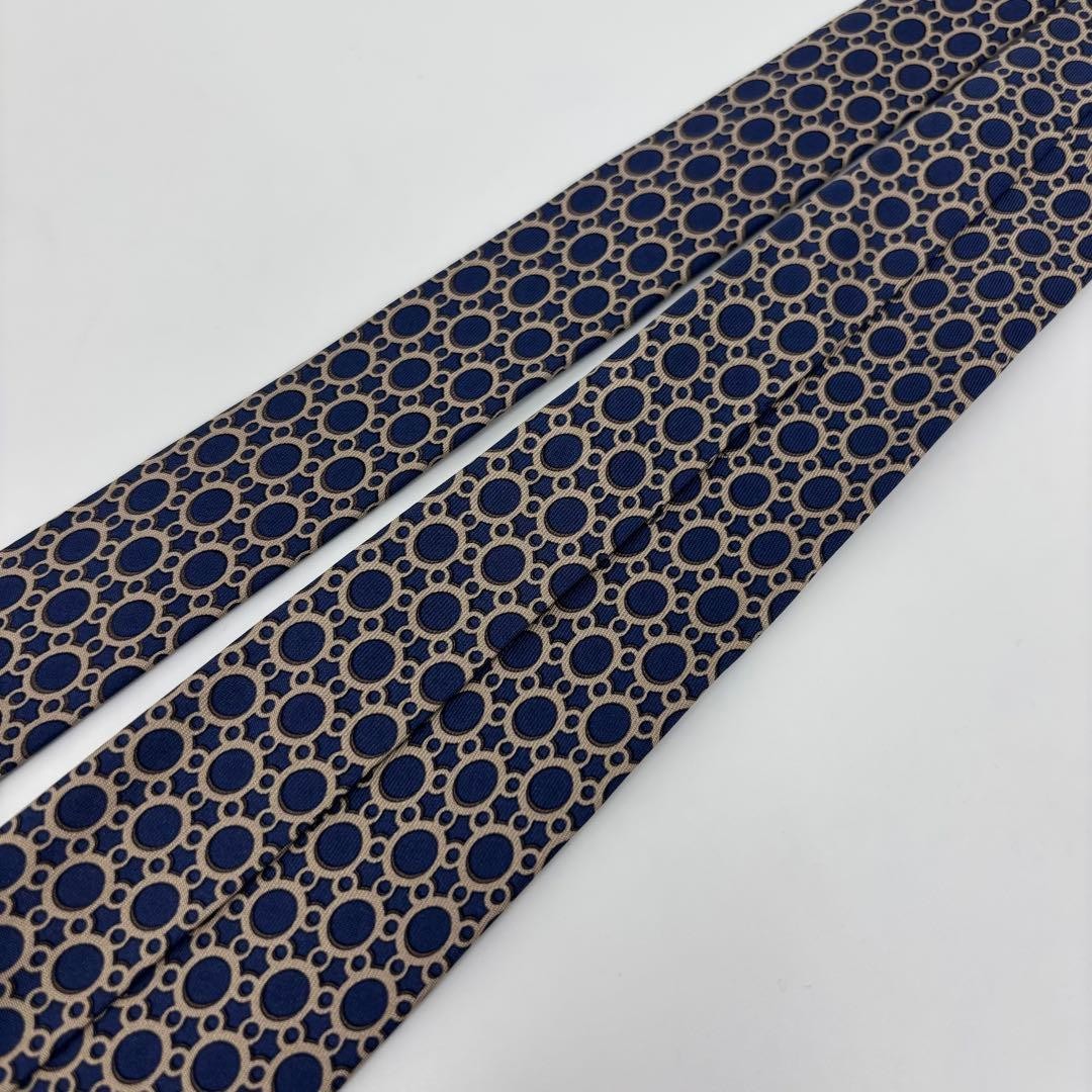 HERMES tie circular pattern navy silver SILK 100% - image 2
