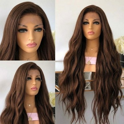 Frontal Lace Wigs Long Wavy Heat Resistant Synthetic Hair Dark brown