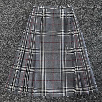 Vintage Highland Queen 100% Virgin Wool Gray Pleated Plaid Maxi Skirt - Size 12