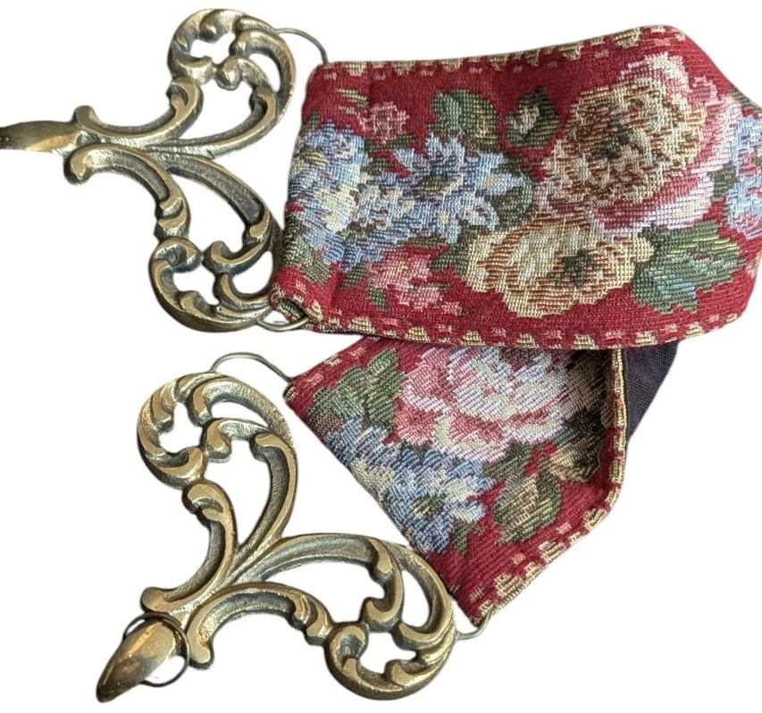 Vintage Red Floral Tapestry Bell Pull Ringer Corona Decor Brass Metal 18" - Image 4 of 4