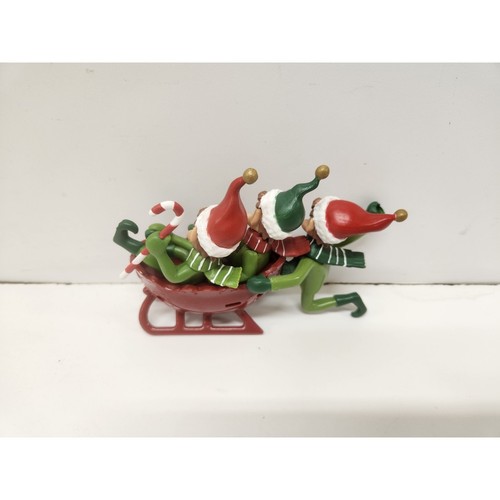 3 Santas Green Pixie Elf's in Plastic Red Sleigh Christmas Decor - Picture 2 of 2