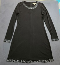 Michael Kors Women M Black Long Sleeve Animal Print Trim Midi Shift Dress