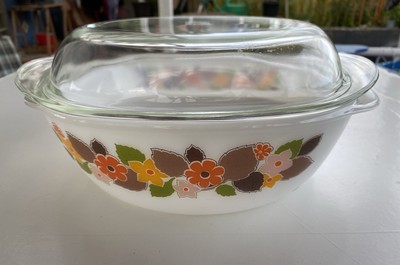 Auflaufform Backform, Jenaer Glas, Schott Mainz, Vintage 70er Blumendekor