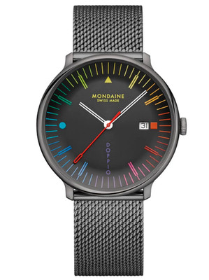 Mondaine Doppio 41mm Swiss Made Quartz Black Dial IP Gun Mesh Watch MLE.41221.SM