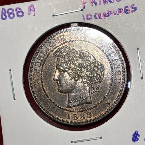1888 A France 10 Centimes  Choice Copper Lovely Eye Appeal. Free Shipping - Bild 4 von 10