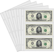 50 Sheets Currency Sleeves For Paper Money Collection 3-Pocket Banknote Pages