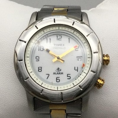 VIntage Timex Indiglo Alarm Mens Watch 39mm Two Tone Date 50M New Battery 7.25''