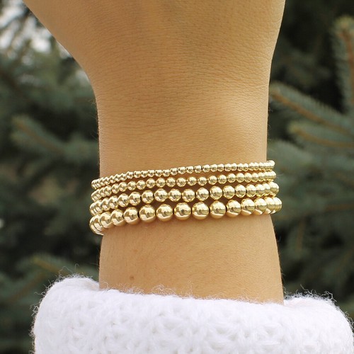 14k Gold Plated Beads Beaded Stackable Bracelets Women Bohemian 4mm 5mm 6mm 8mm - Picture 4 of 14