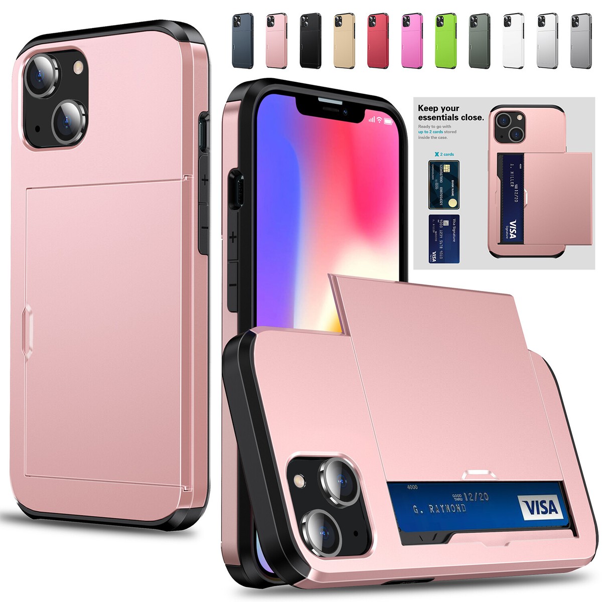 Slide Wallet Credit Card Rugged Case For iPhone 15 Plus 14 13 Pro Max  Shockproof