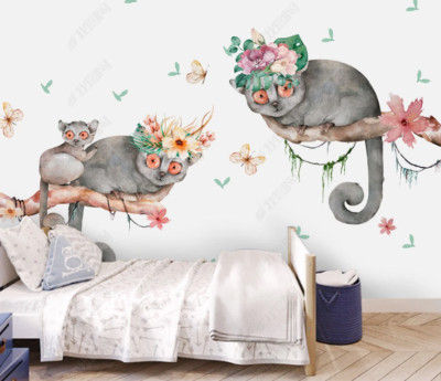 3D Watercolor Animal Cat Floral Self-adhesive Removable Wallpaper Murals Wall