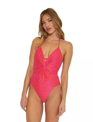 TRINA TURK Multicolor Trellis 1 Pc Plunge Halter Style Swimsuit Sz 14 NWT