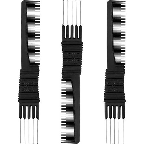 3 Pack Black Carbon Lift Teasing Combs with Metal Prong, Salon Teasing Back