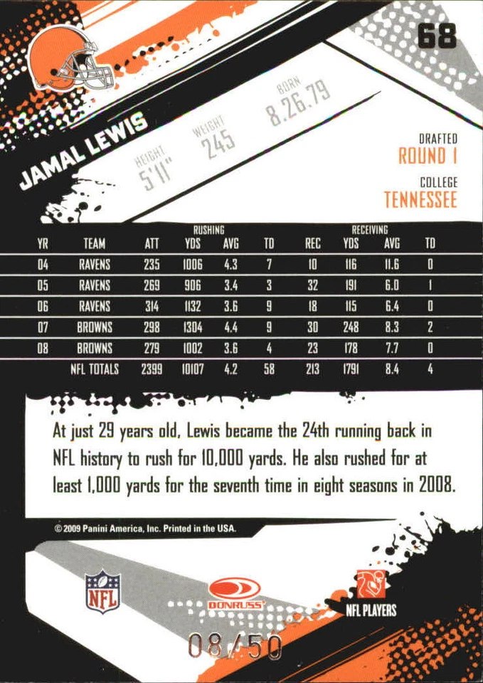 t2157 - 2009 Score Inscriptions Scorecard #68 Jamal Lewis /50 Browns NM-MT - Image 2 of 2