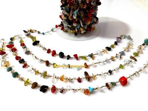 Multi Stone Chip Rosary Beaded Chain Smooth Gold Plated Wire 4-6mm Beads 5 Feet - Picture 7 of 12