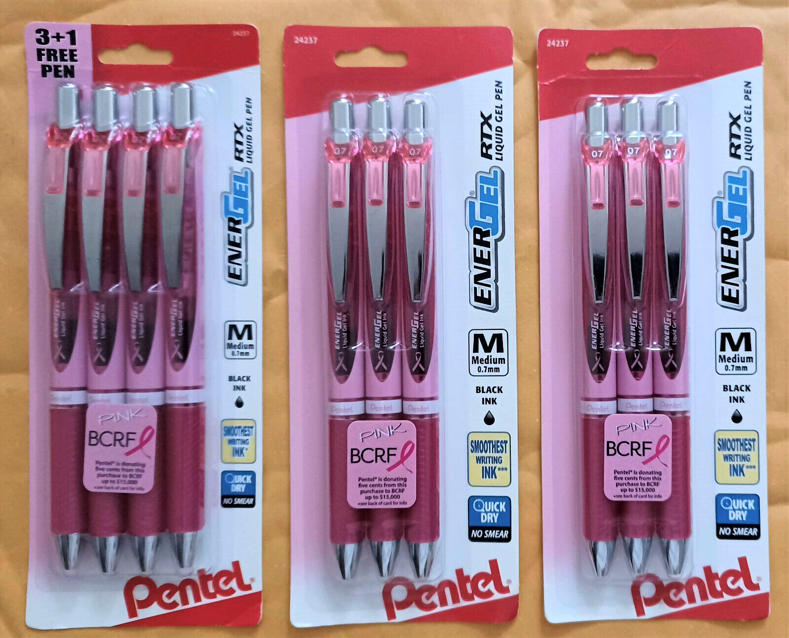 10 Pentel Pink Ribbon EnerGel RTX Rollerball Liquid Gel Black Ink Pens 0.7mm