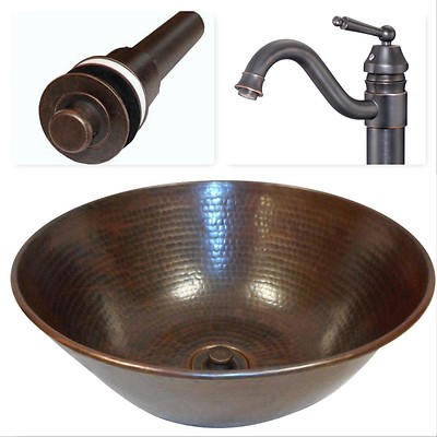 14'' Round Copper Vessel Vanity Bath Sink with Lift and Turn Drain & Faucet Combo