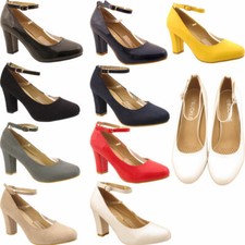 WOMENS LADIES BLOCK HEEL ANKLE STRAP WORK COURT EVENING DRESS GIRLS SHOES PUMPS