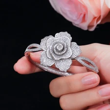 Silver Plated Cubic Zircon Women Open Cuff Big Flower Bangle Engagement Jewelry