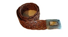 Womens wide Tan Leather Handmade Belt with vintage buckle, length medium