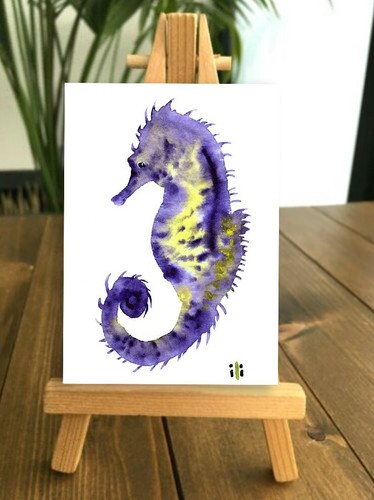 ACEO Watercolor Print Cute Purple Seahorse Fine Art Painting - Picture 2 of 2