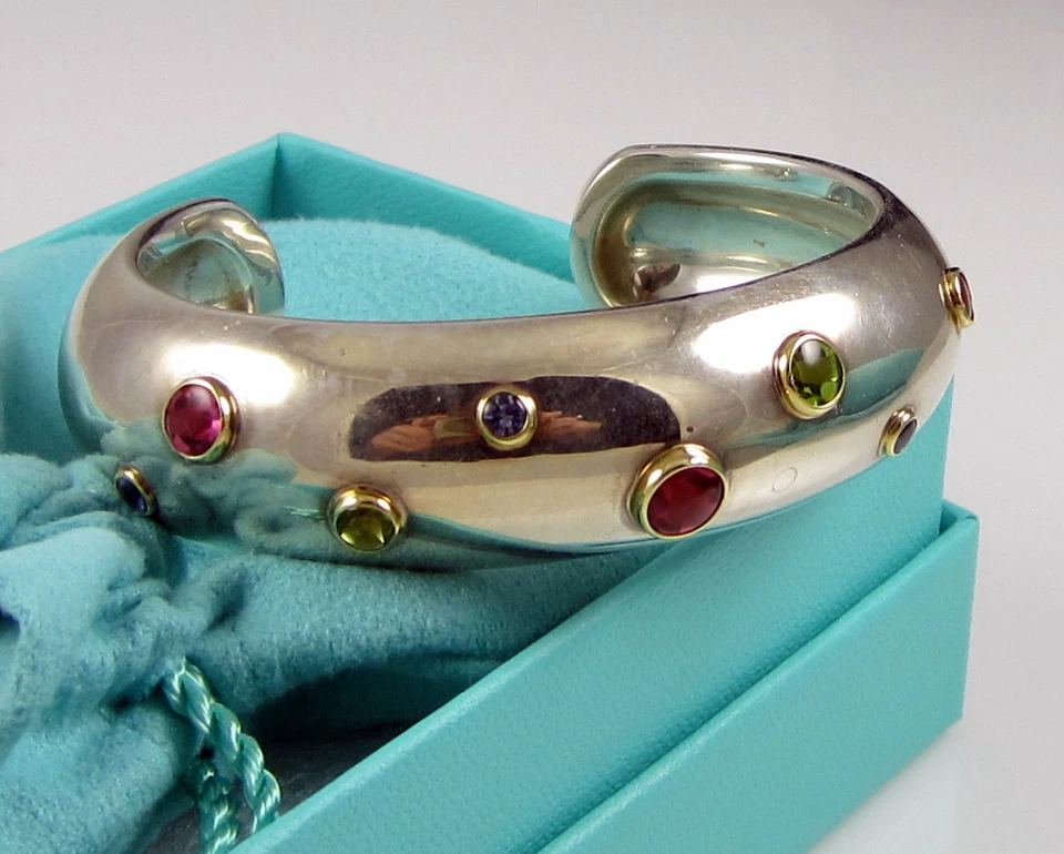 Tiffany & Co Silver 18K Gold Tourmaline Peridot Etoile Sapphire Cuff Bracelet - Image 4 of 4