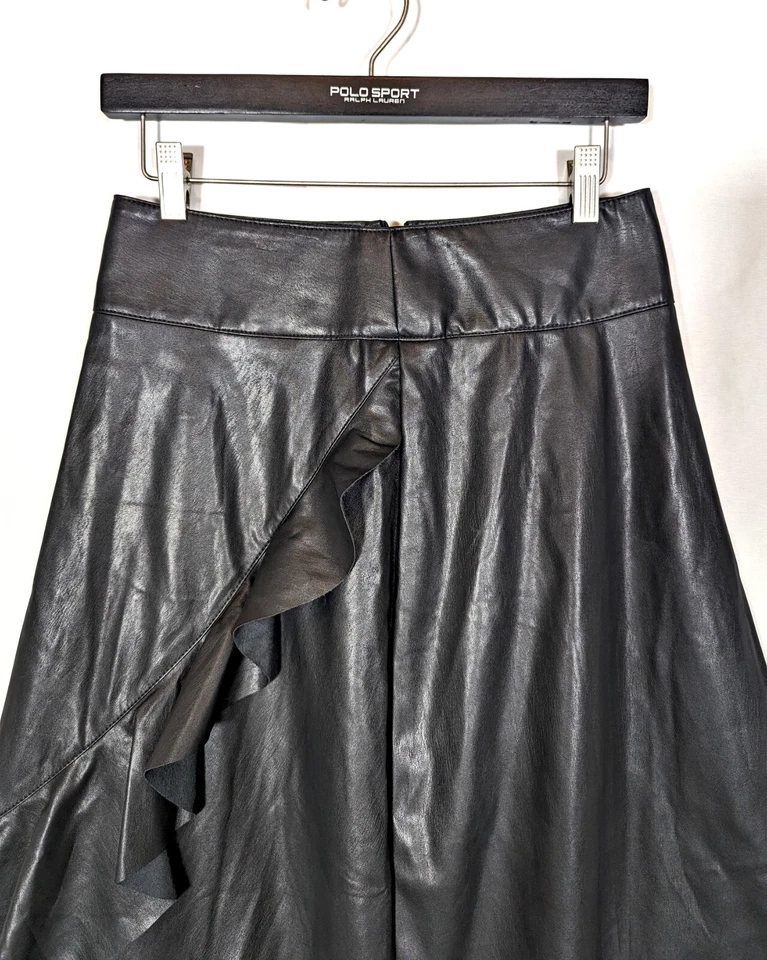 Falda Midi Rachel Roy Talla 8 Volantes Cuero Vegano Negra Asym Motociclista Diseñador Gótico Foto 3 de 4