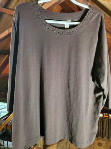 CJ BANKS Womens Tunic Top 3X Brown  Beaded Neckline Stretch 3/4 Slv Plus Size  - Picture 1 of 12