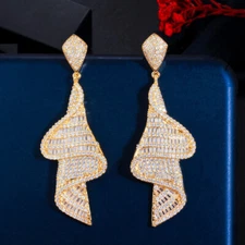 Luxury Cubic Zirconia Gold Color Women Baguette Big Wave Dangle Drop Earrings