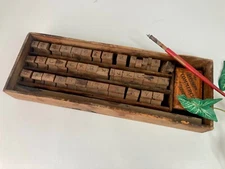 Antique Wooden Printer Stamps Alphabet Number Tray Laughton Tin Ink Pad As Is