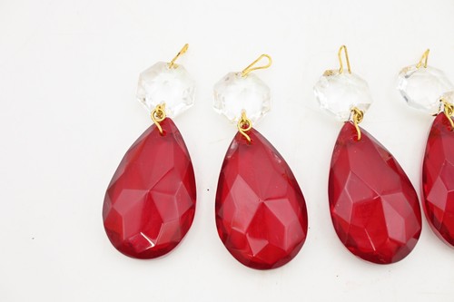 4 Vintage Art Deco Red and Clear Crystal Teardrop Prisms With Octagon Crystals - Picture 5 of 8