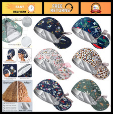 6 Pcs Satin Lined Nurse Scrub Caps with Buttons, Adjustable Ponytail Surgical Ha