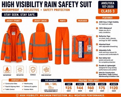 3pcs ANSI Class 3 Hi Vis Orange Reflective Waterproof Rain Safety Suit 3XL-5XL