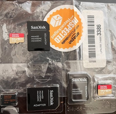 3 Sandisk Extreme Micro SD Card Lot - 320GB Total - 2x128GB - 1x64GB 3 Adapters