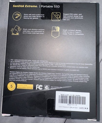 SanDisk Extreme Portable SSD 1TB-Gen 2 Portable External USB-C 3.2 NEW SEALED - Afbeelding 2 van 3