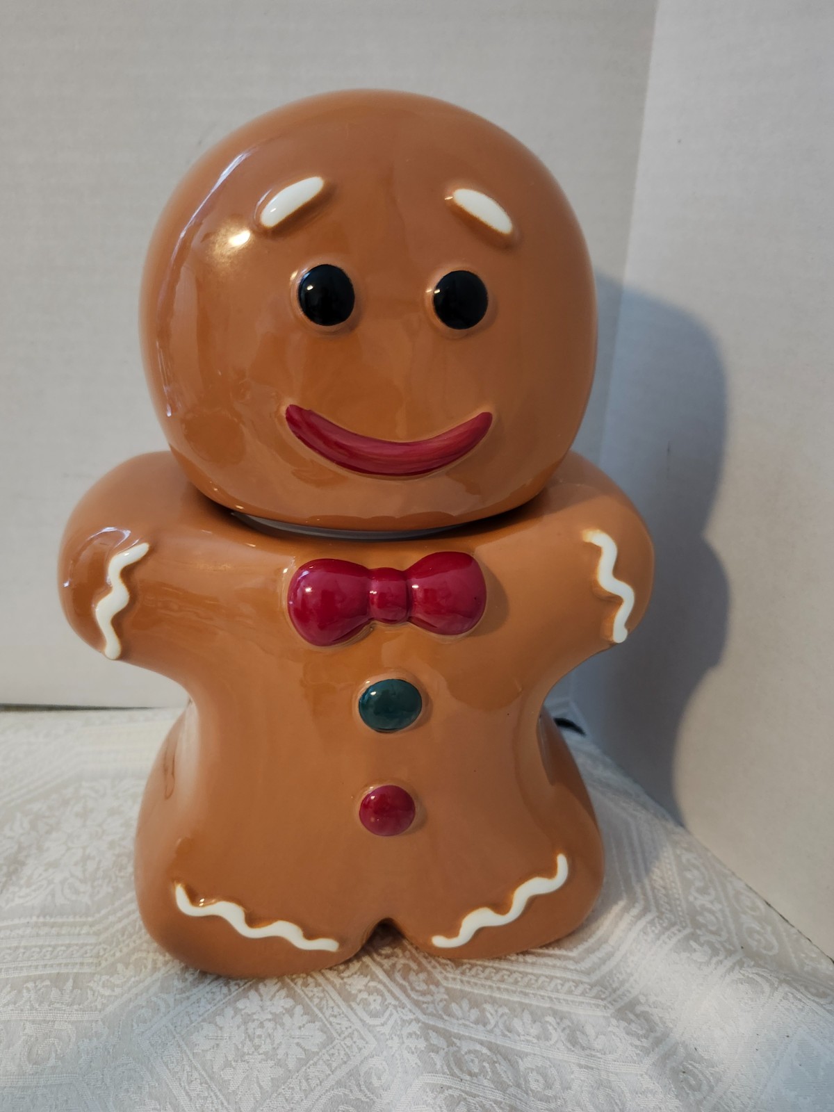 Holiday Time 10-Inch Gingerbread Man Christmas Cookie Jar Festive Red Earthenware