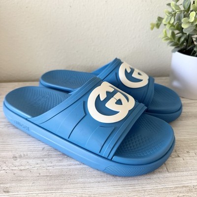 New Gucci Interlocking G Super Blue Rubber Pool Slides men size 8